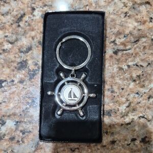 Silvertone Nautical Ships Wheel Sailboat Key Holder 3" Key Chain